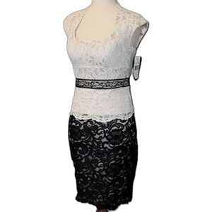 JAX Two Toned Ivory/Black Lace Fitted Dress with Lace Belt Size 2